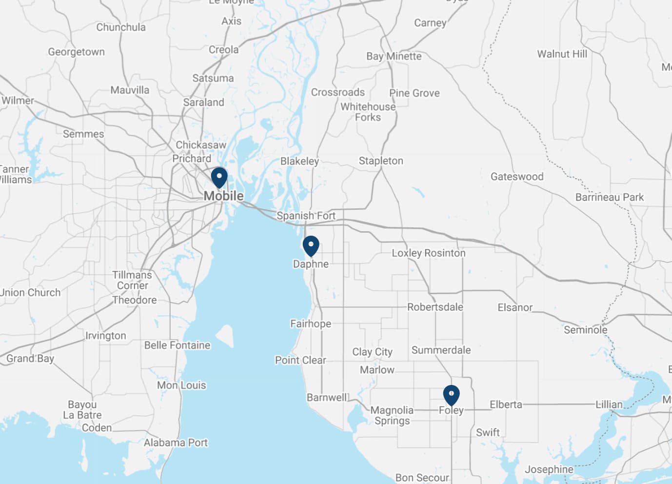 Map with pins showing locations of Sunrise Dermatology offices in South Alabama